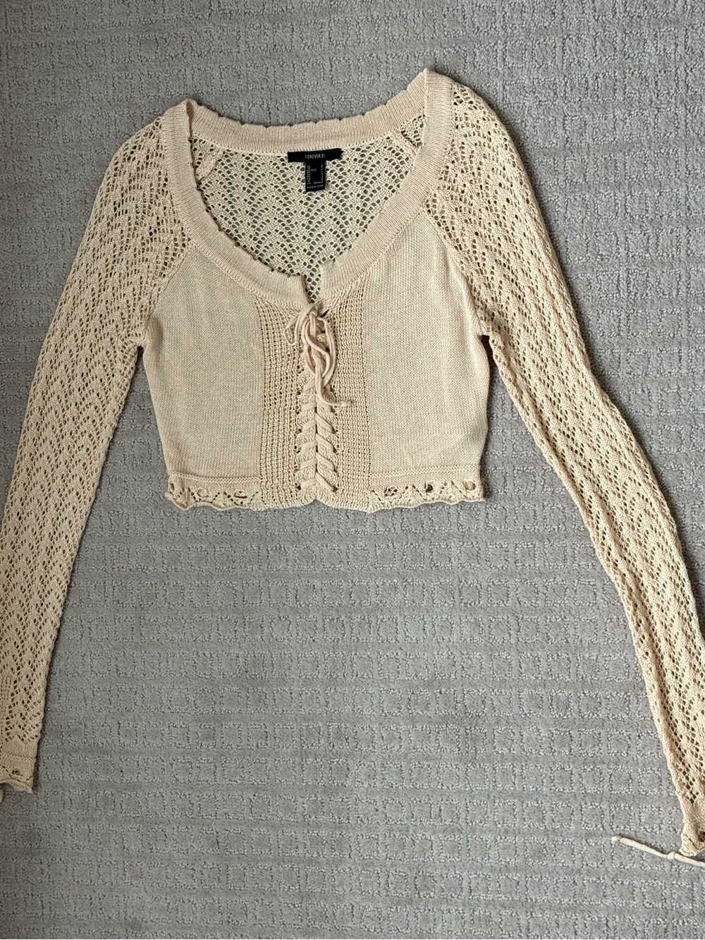 Light Cream Cropped Knit Lace-Up Top